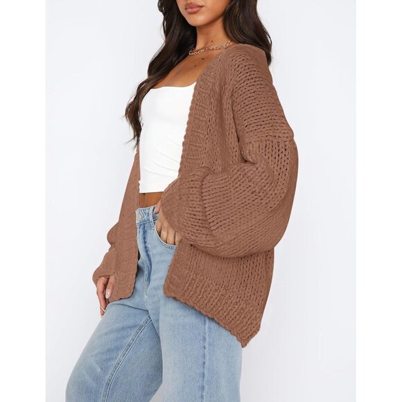 Womens Trendy Cardigan Sweaters Red Camel Long Sleeve Chunky Knit Outfits - Picture 5 of 8